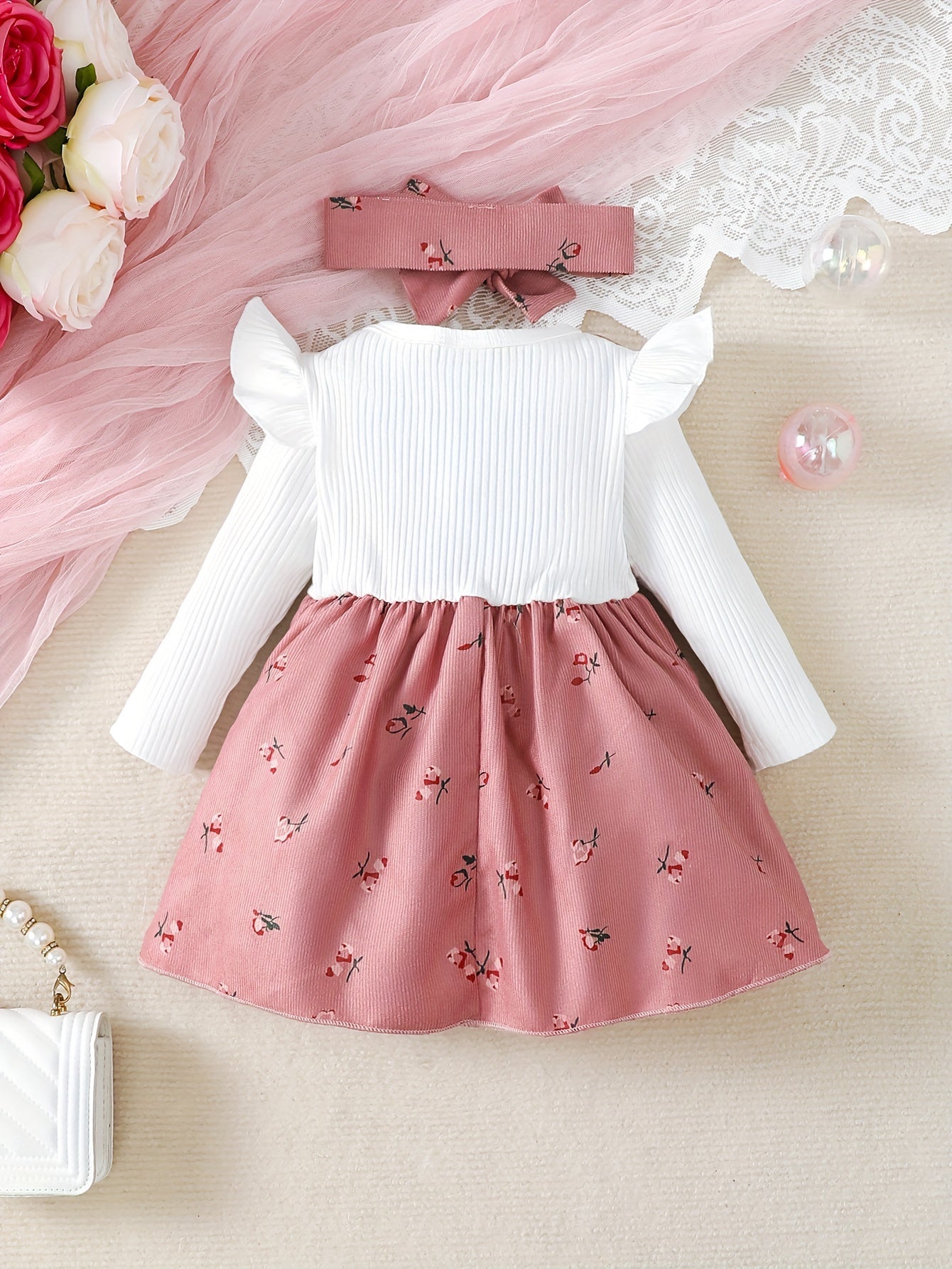 Baby Girl Floral Dress with Flared Sleeves and Bow, Polyester, Spring Summer