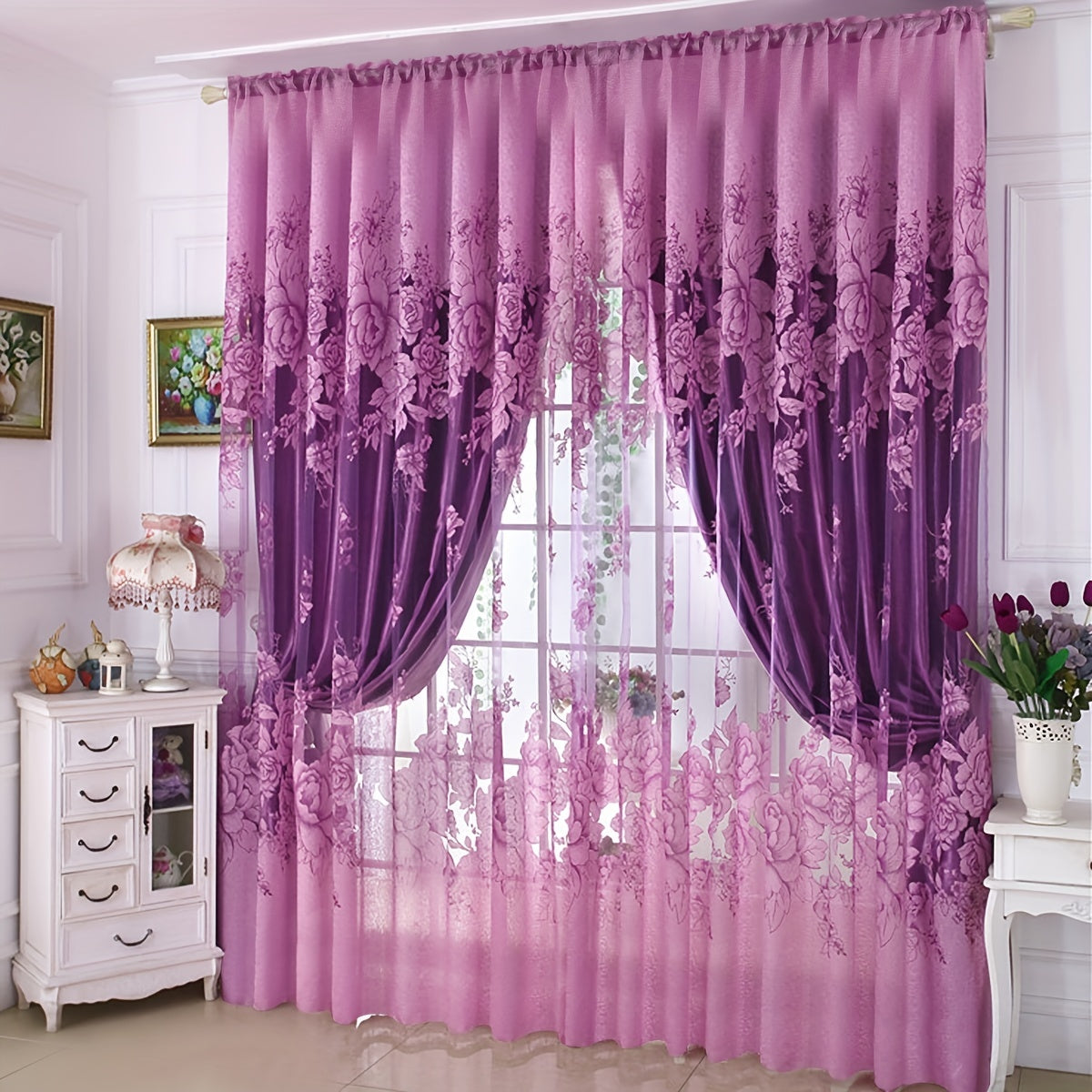 Sheer Curtain with Flower Pattern Translucent Rod Pocket Living Room Decor