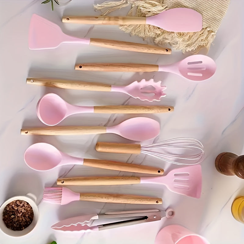 Silicone Kitchen Utensil Set 12 Pieces Non-Stick Safe with Wooden Handles