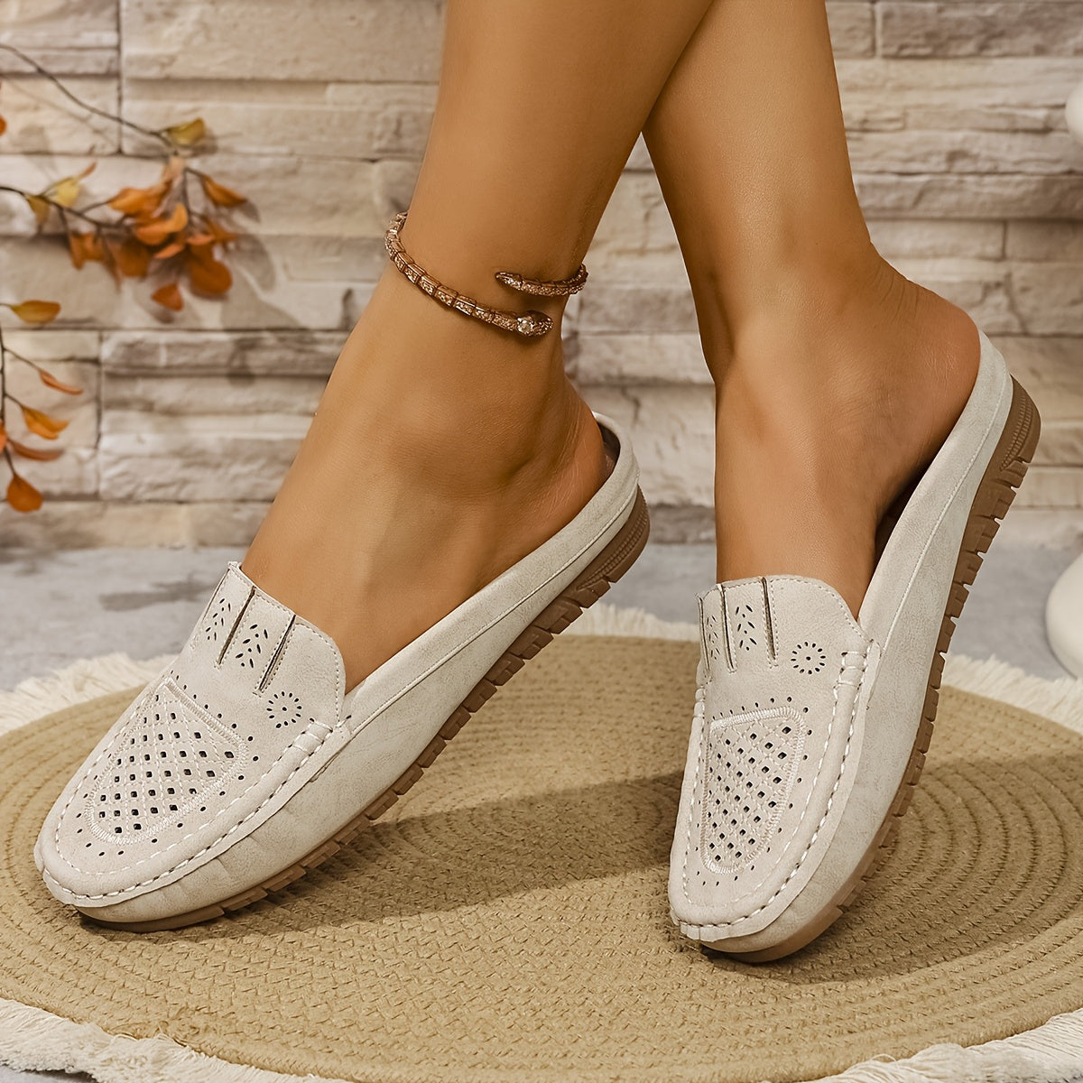 Women's Large Breathable Laser-Cut Slip-On Flats with Ankle Strap