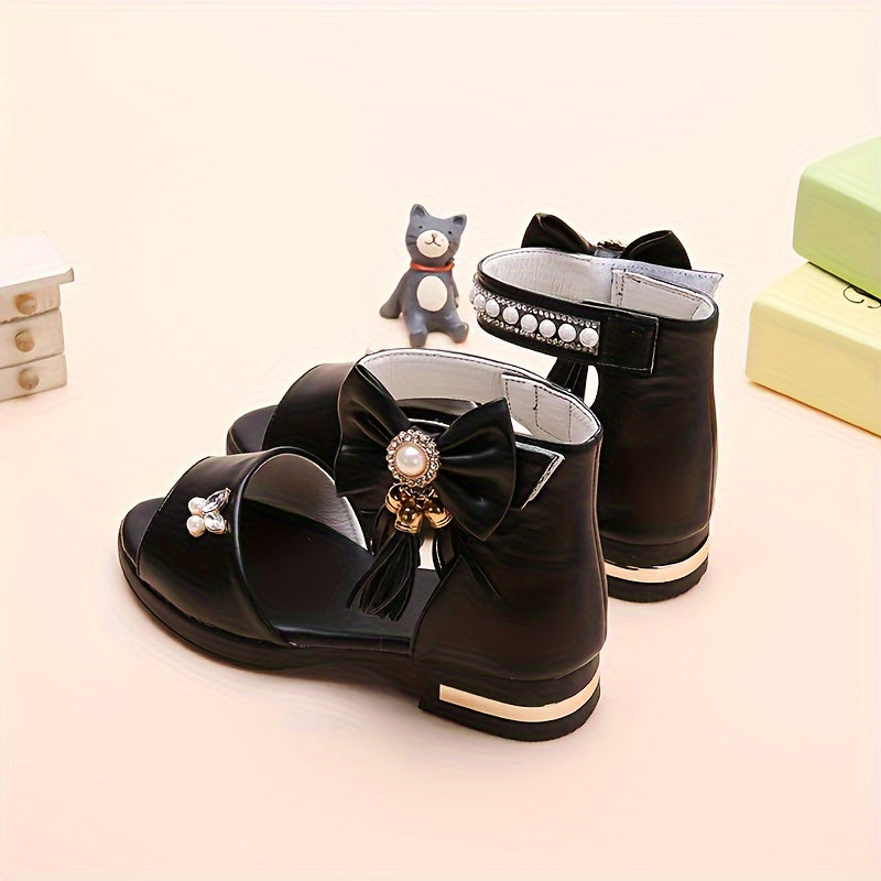 Girls Summer Open Toe Sandals with Bowknot Low Top PU Material for Vacation and Casual Wear