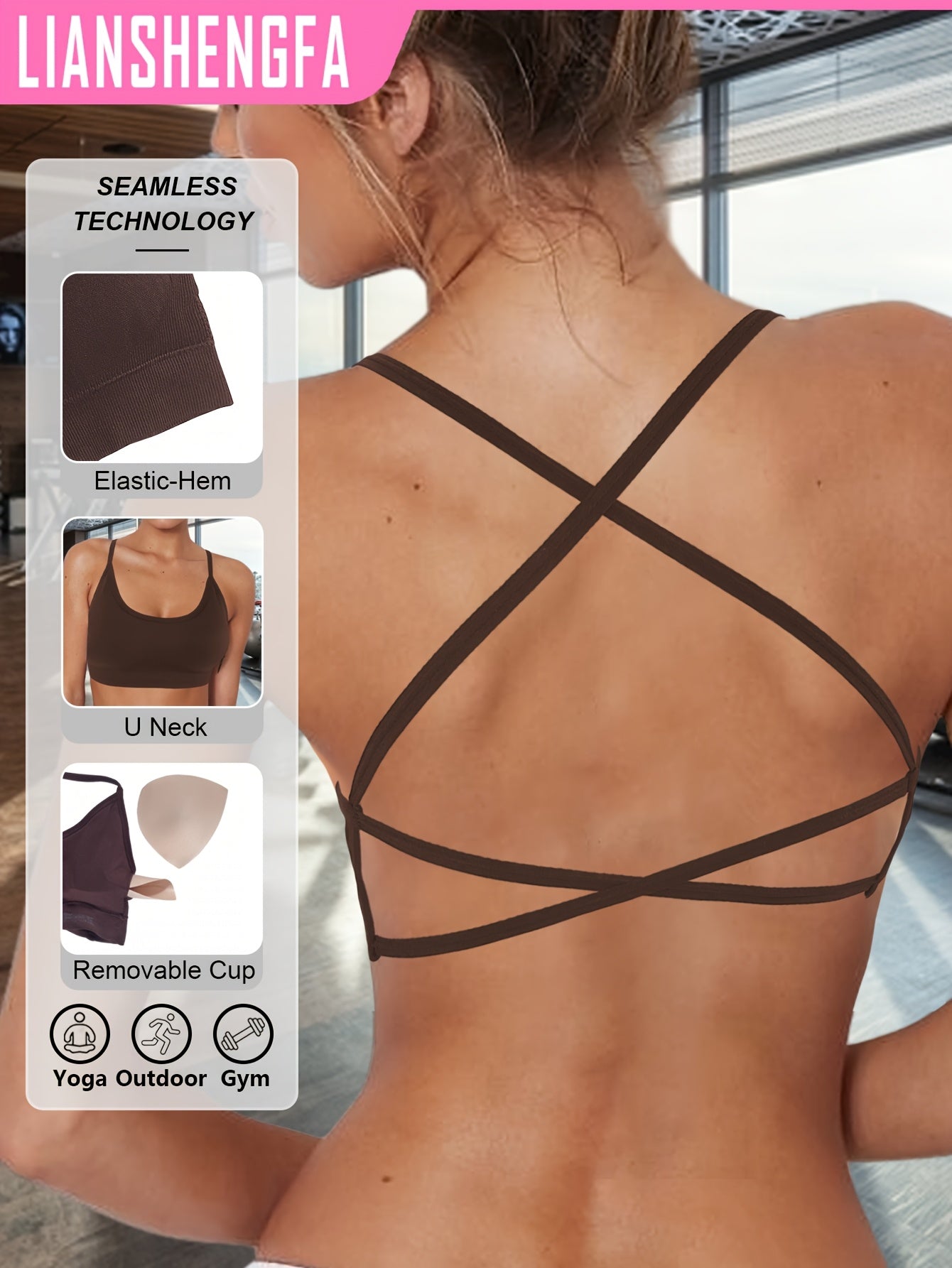 High-Elastic Seamless Sports Bra with Breathable Cross Shoulder Straps for Yoga and Fitness
