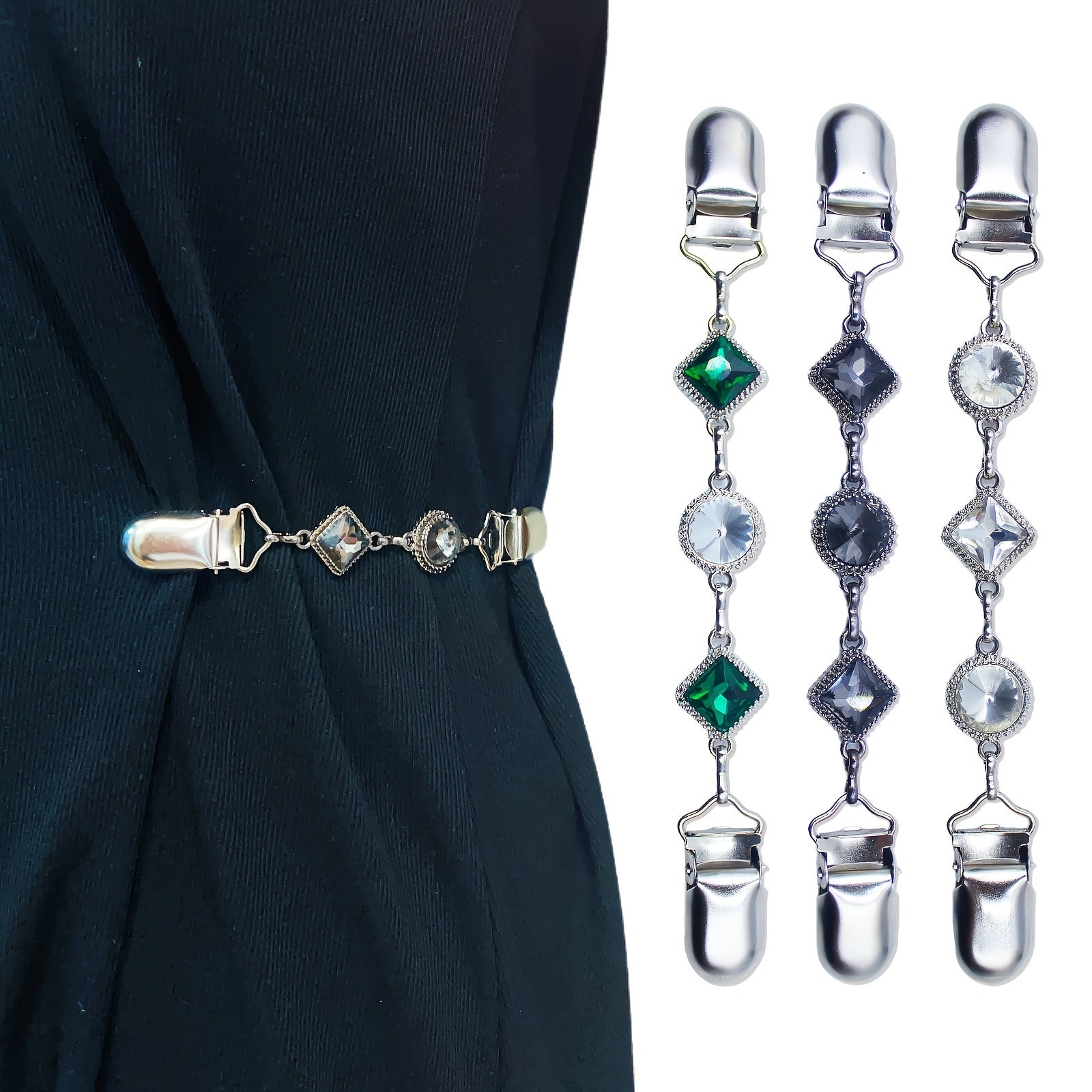3 ta Vintage va Elegant Alloy Dress Cinch Clips to'plami - Ayollar uchun Rhinestone bilan bezatilgan Clips, Sviterlar, Ko'ylaklar va Shalvarlar uchun