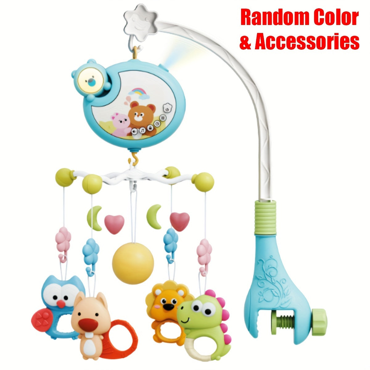 Bolalar uchun yoritgichli mobil, musiqa va aylanuvchi o'yinchoqlar bilan, BPAsiz plastmassa, aralash ranglar