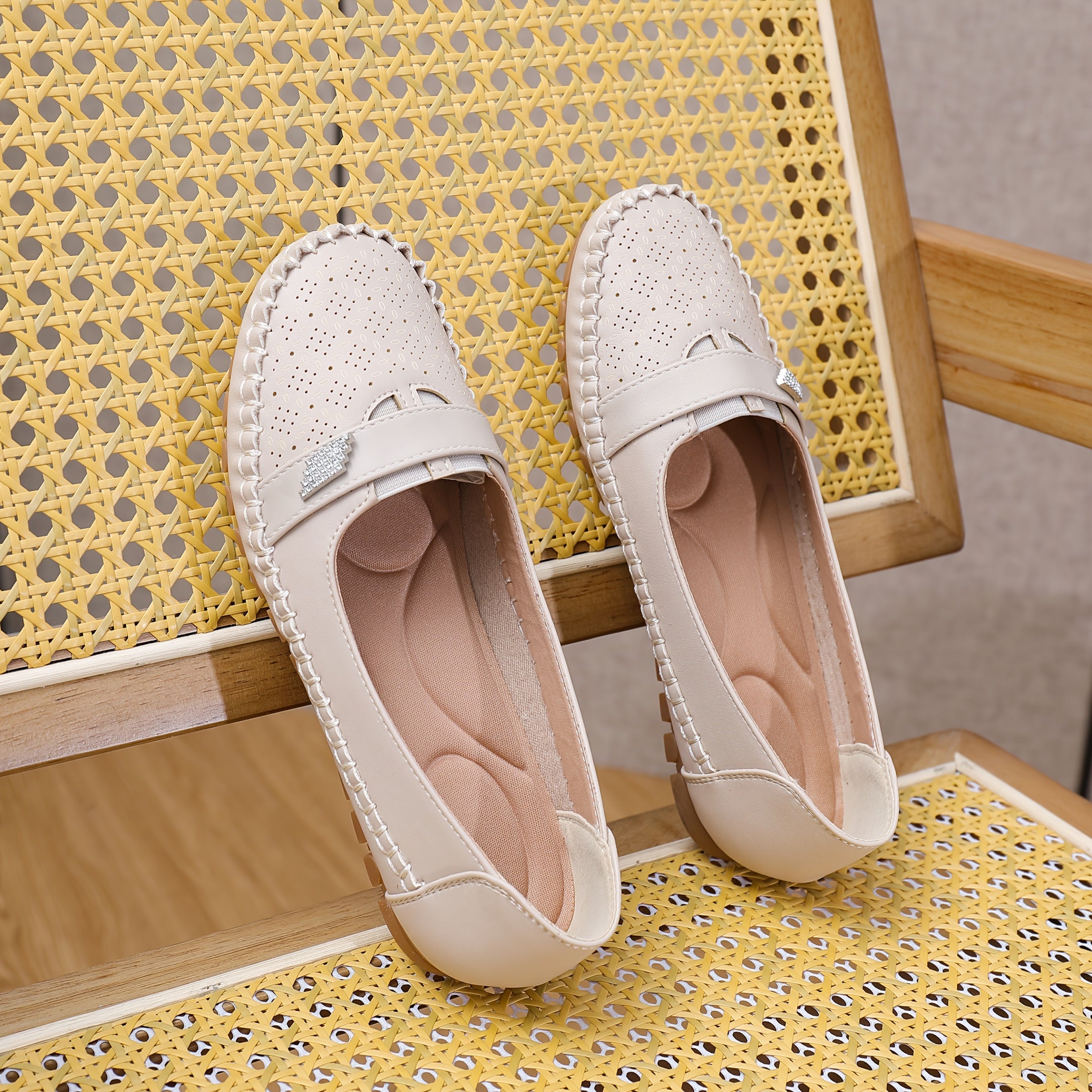 Women's Slip-On Loafers Breathable PU Beige Perforated Comfort Casual Shoes