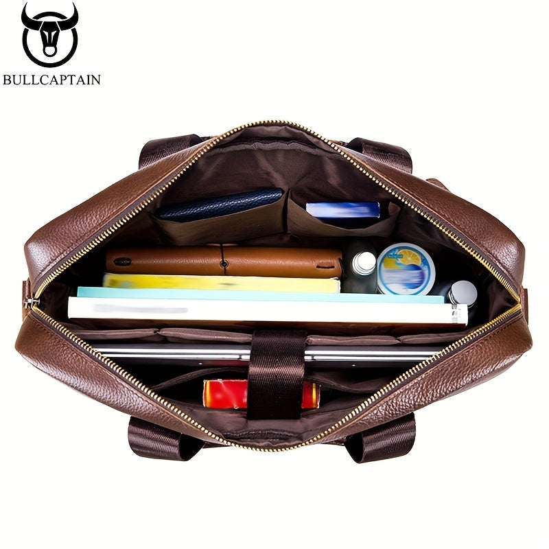 Men's Leather Briefcase Business Messenger Bag with Multiple Compartments and Adjustable Strap in Brown