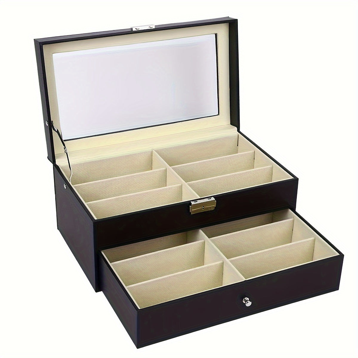 Qora faux charm organizatori, qulflangan, 12 ta bo'lakli ko'p qavatli saqlash