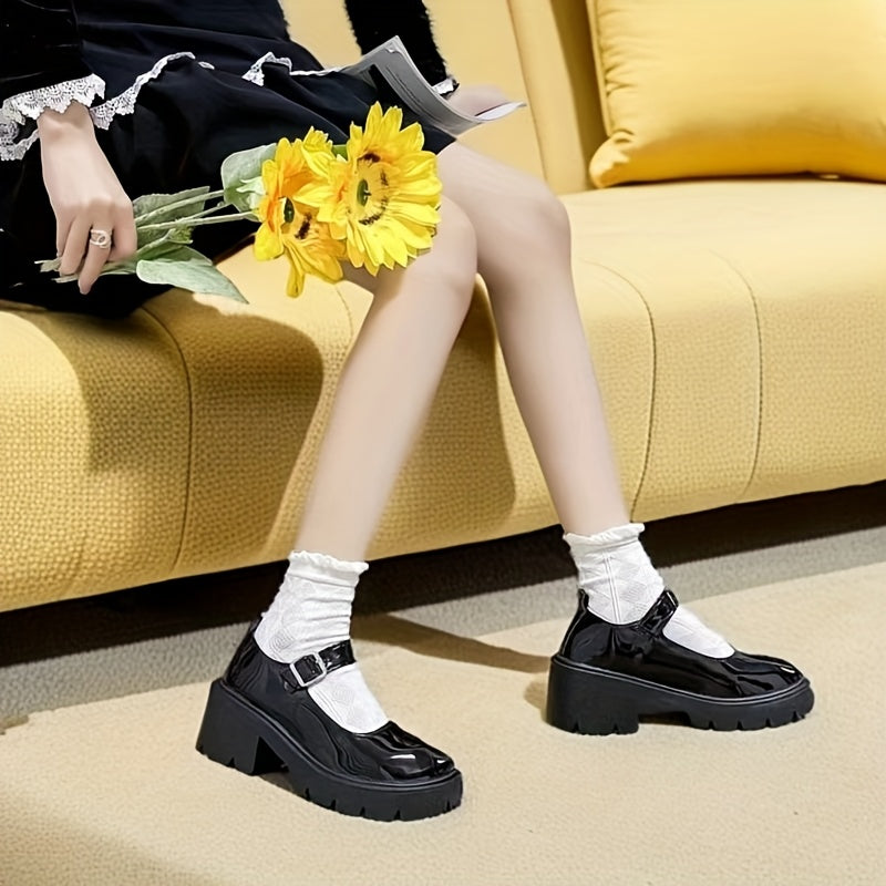 Women Vintage Mary Jane Shoes Thick Sole High Heels Evening Wear