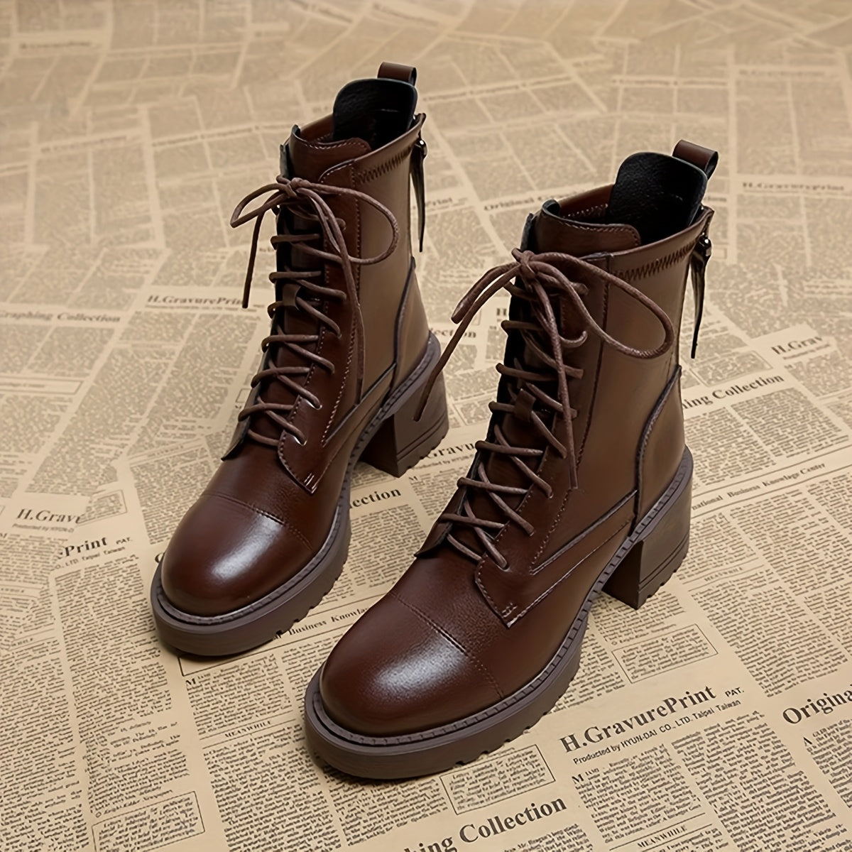 Women Chunky Platform Ankle Boots Brown Faux Leather Round Toe with Zipper