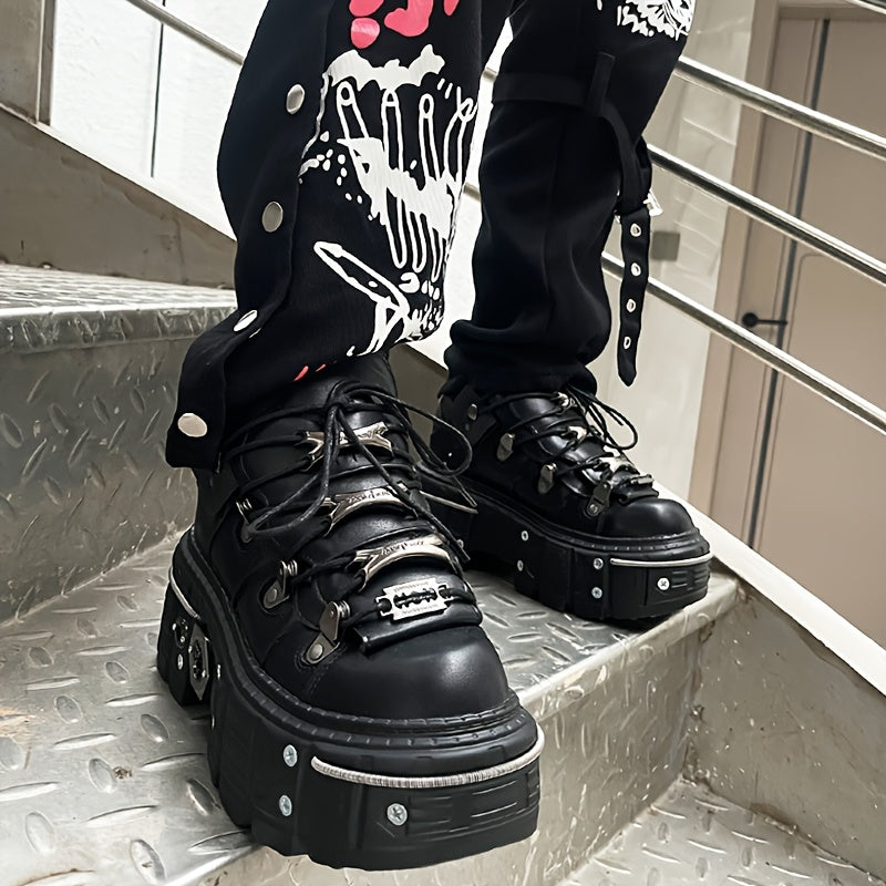 Women's Black Platform Ankle Boots Round Toe High Heel Sneakers