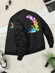 Plus Size Women's Casual Butterfly Print Baseball Collar Jacket Long Sleeve Lightweight Coat