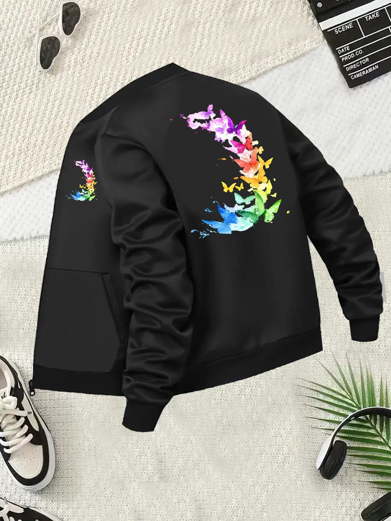 Plus Size Women's Casual Butterfly Print Baseball Collar Jacket Long Sleeve Lightweight Coat