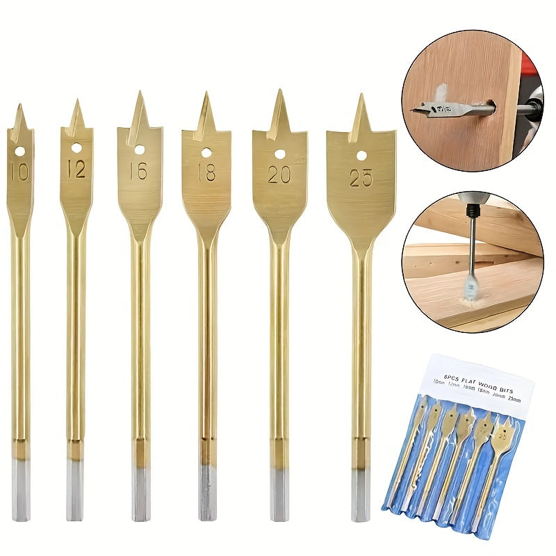 6-Piece Titanium-Coated Flat Drill Bit Set for Woodworking 10mm to 25mm