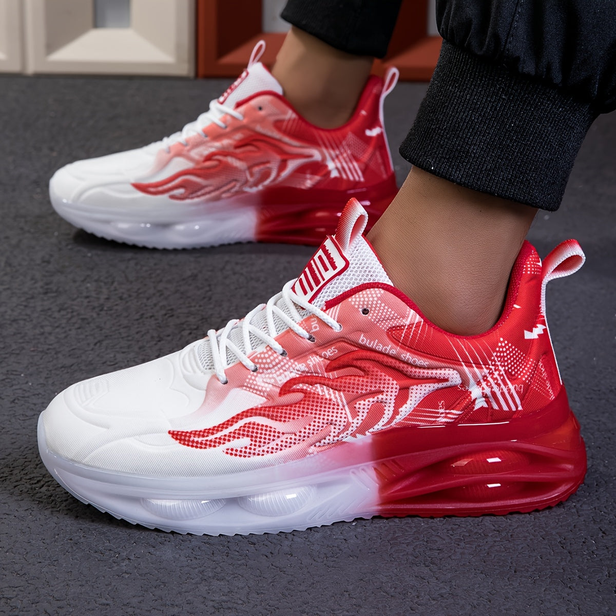 Men's Athletic Sneakers with PVC Sole Breathable Fabric Upper Flame Motif Casual Outdoor