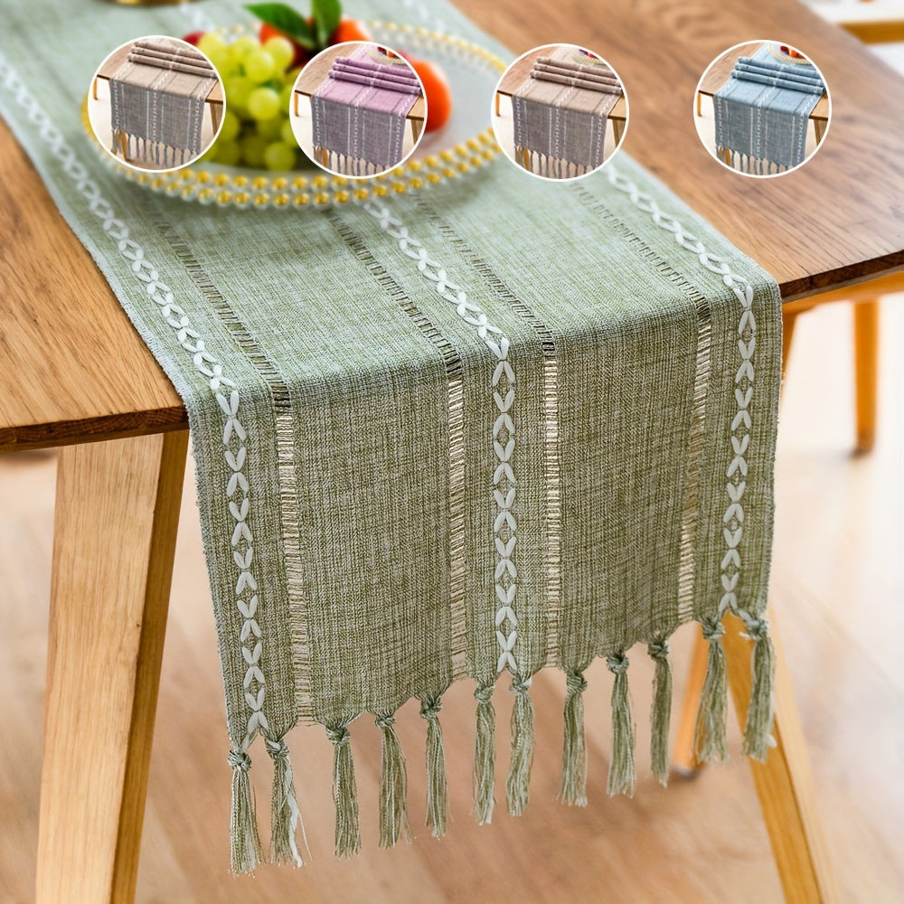 Bohemian Linen Farmhouse Table Runner with Embroidered Pattern and Hand-Tied Tassels