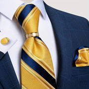 Men's Classic Striped Tie Set with Handkerchief Cufflinks and Ring for Business Formal Weddings