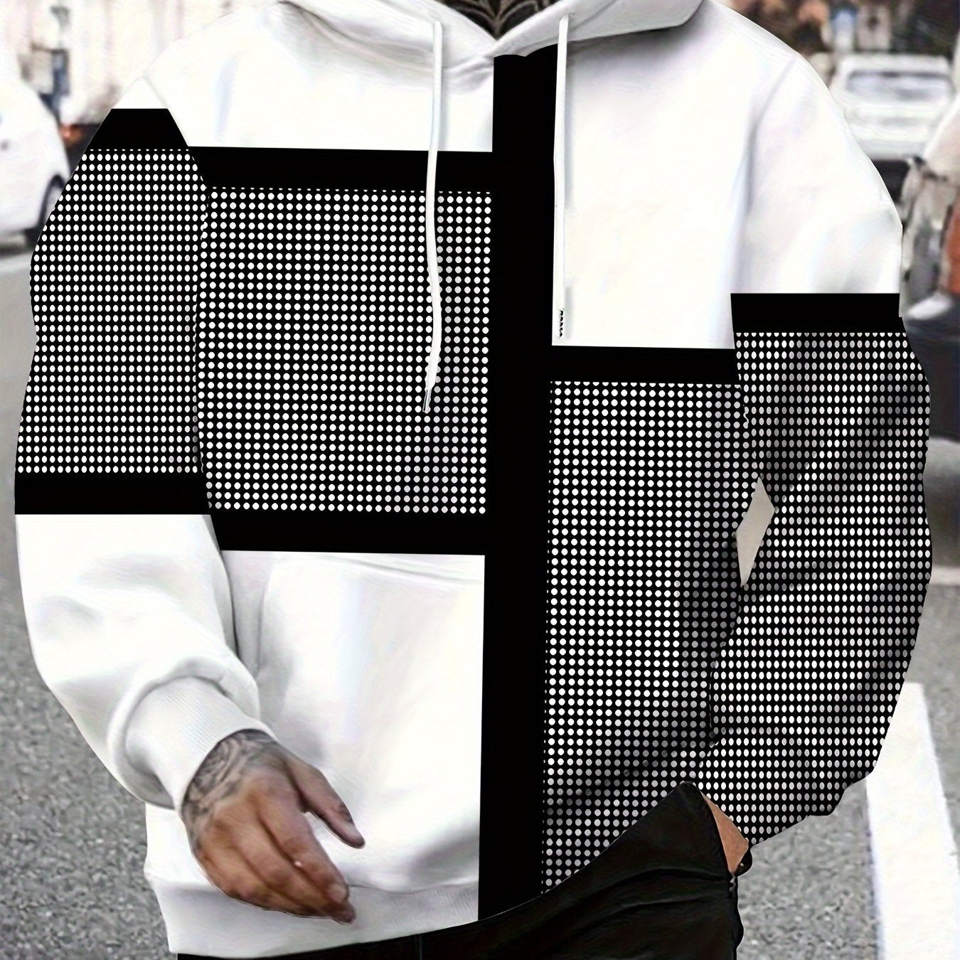 Erkaklar uchun raqamli bosma kapüşonli sviter, polyester matodan, uzun yenglar, ozgina cho'zilish, naqshli dizayn va katta o'lchamlarda mavjud.