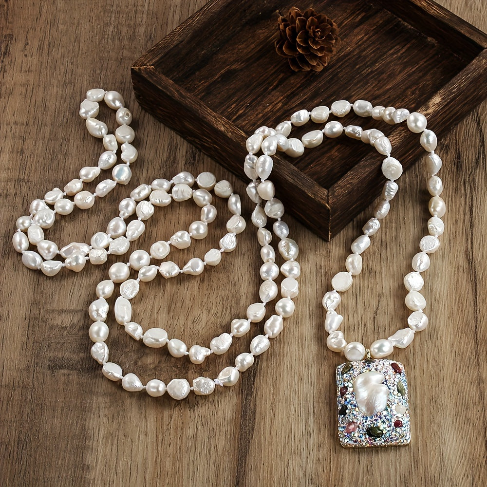 Natural Biwa Pearl Necklace 150cm Freshwater Pendant Bohemian Jewelry for Daily Wear