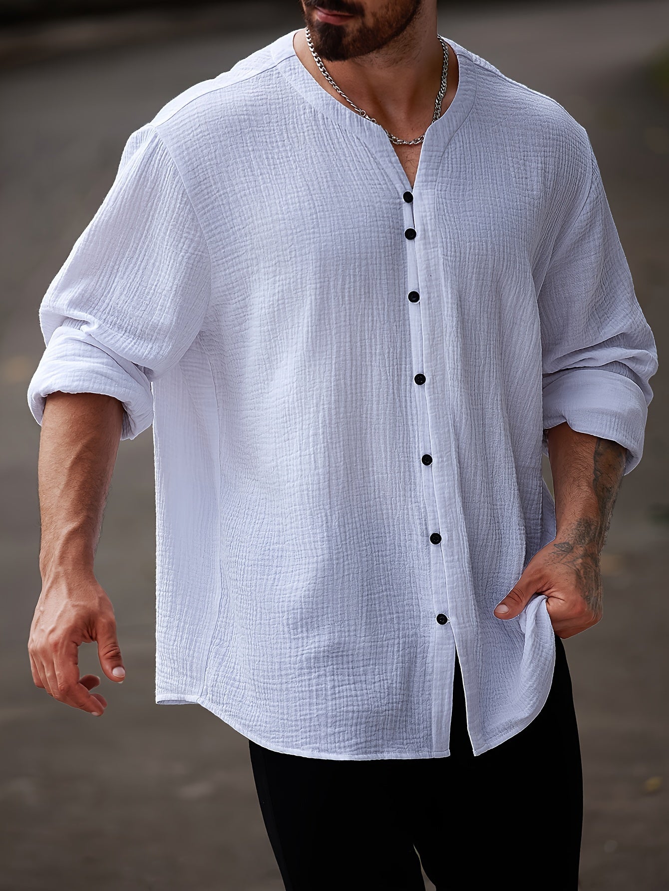 Men's Cotton Casual Shirt Large Crew Neck Solid Color Spring Fall