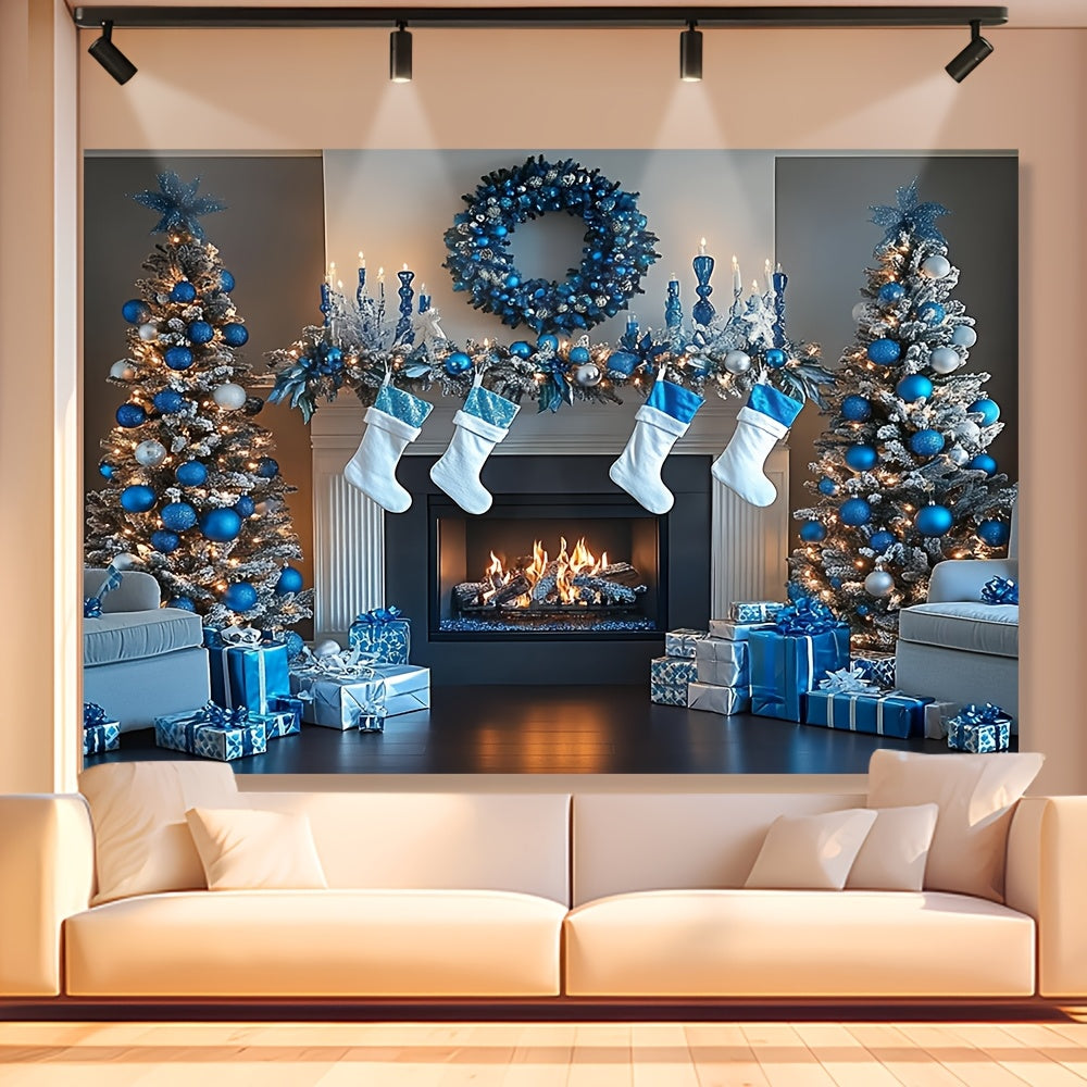 Blue and White Fireplace Backdrop Polyester Decor Multi-Season Wall Covering