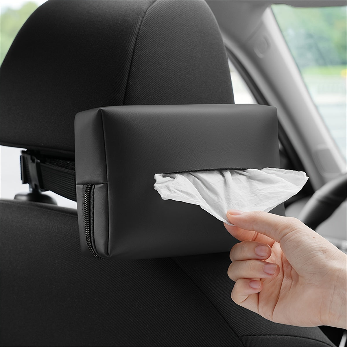 Car Tissue Holder PU Leather Armrest and Headrest Mount Black Organizer