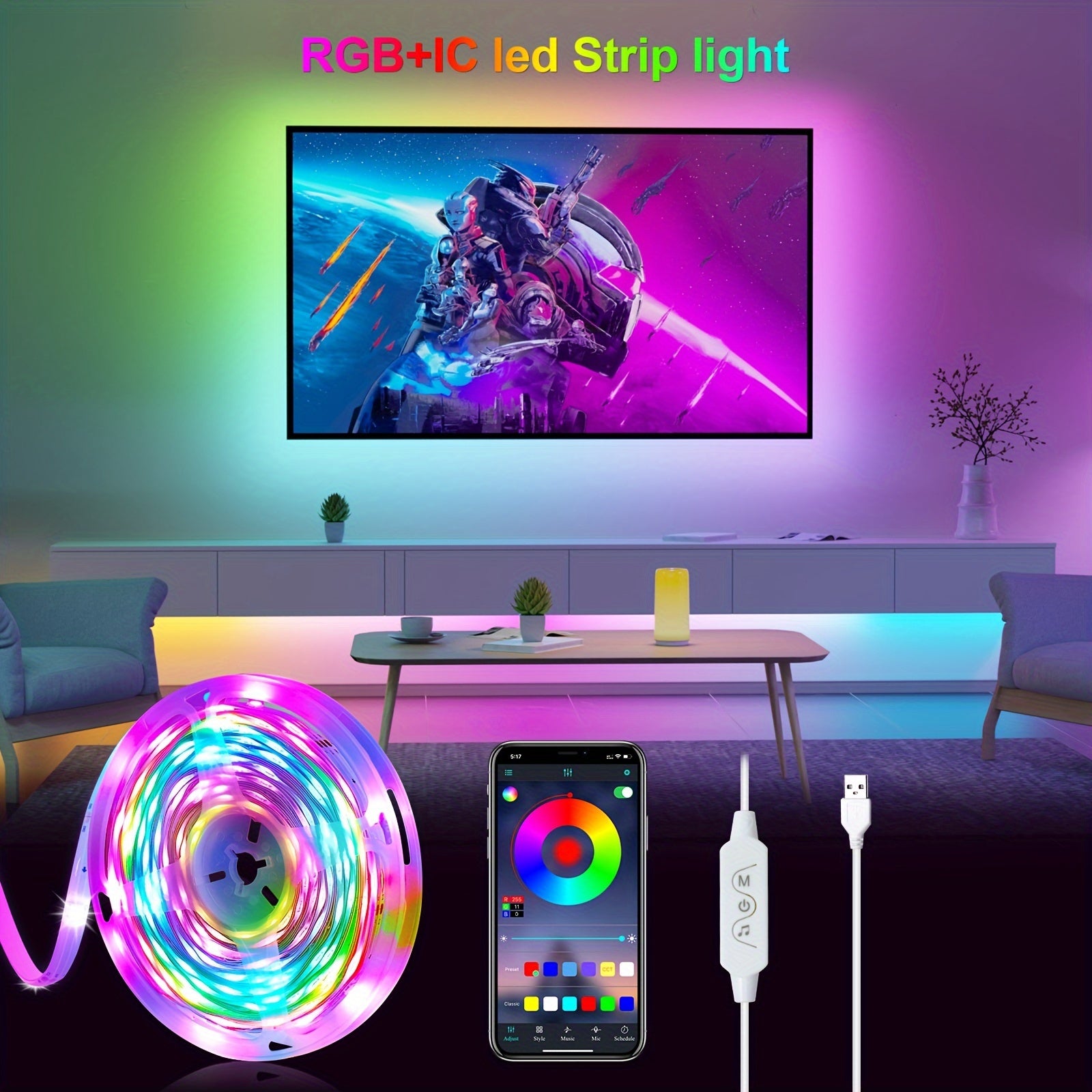 Indoor RGB IC LED Strip Light 10m App Control Music Sync USB Powered