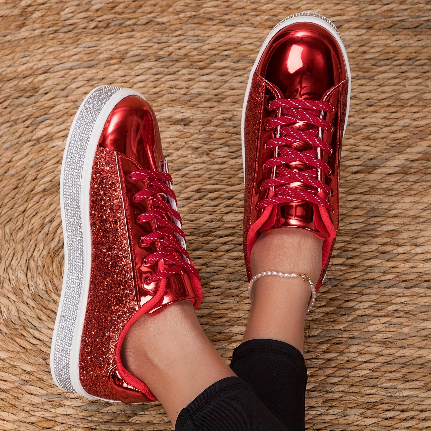 Women's Glitter Skate Shoes Casual Lace-Up Low Top Sneakers
