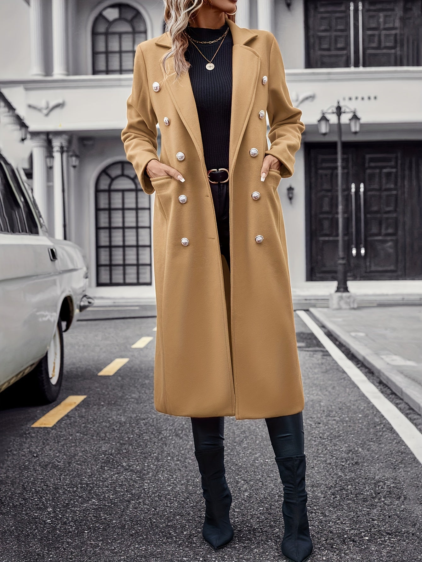 Women's Polyester Double-Breasted Coat with Lapel Long Sleeve Pockets Autumn Winter