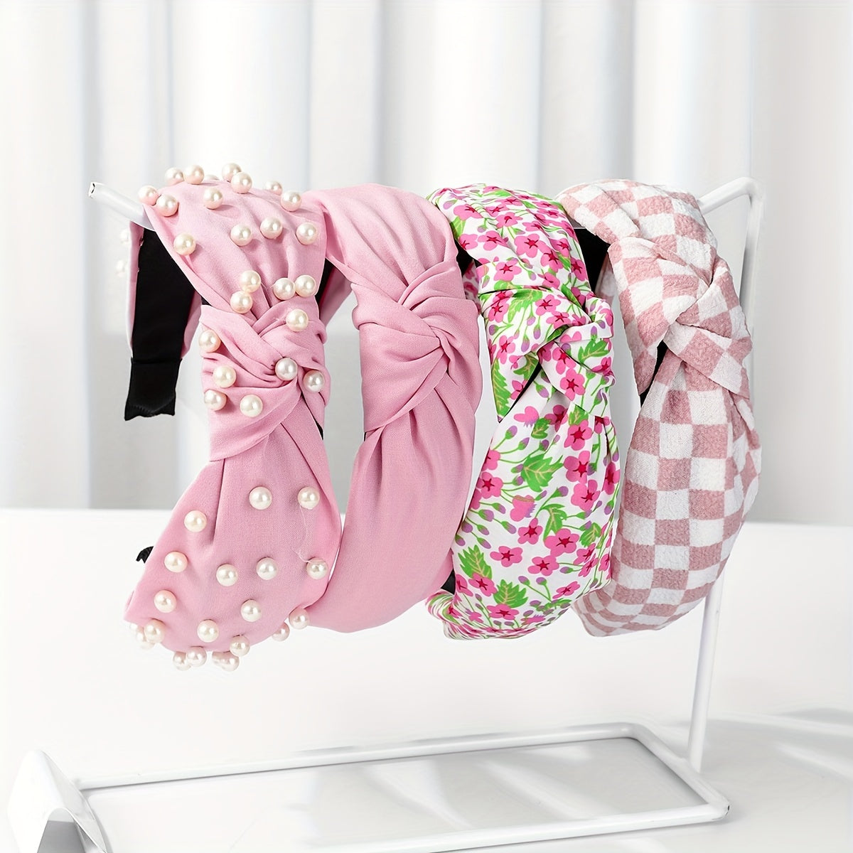 Set of 4 Women's Fabric Floral and Polka Dot Knotted Headbands with Faux Pearl Details