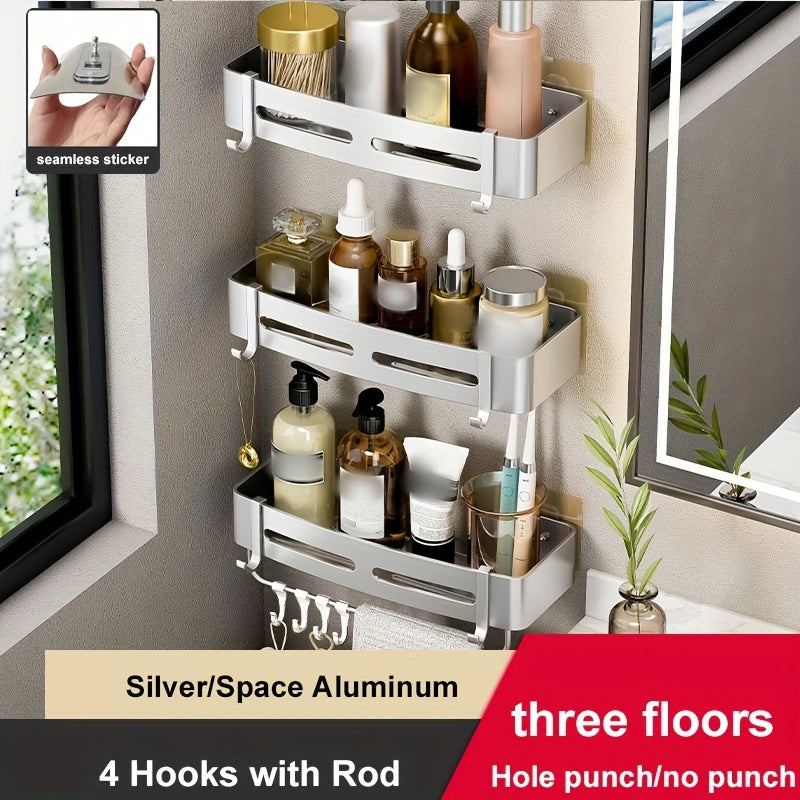 Wall-Mounted Bathroom Storage Rack Aluminum No-Drill Shower Shelf for Shampoo and Cosmetics