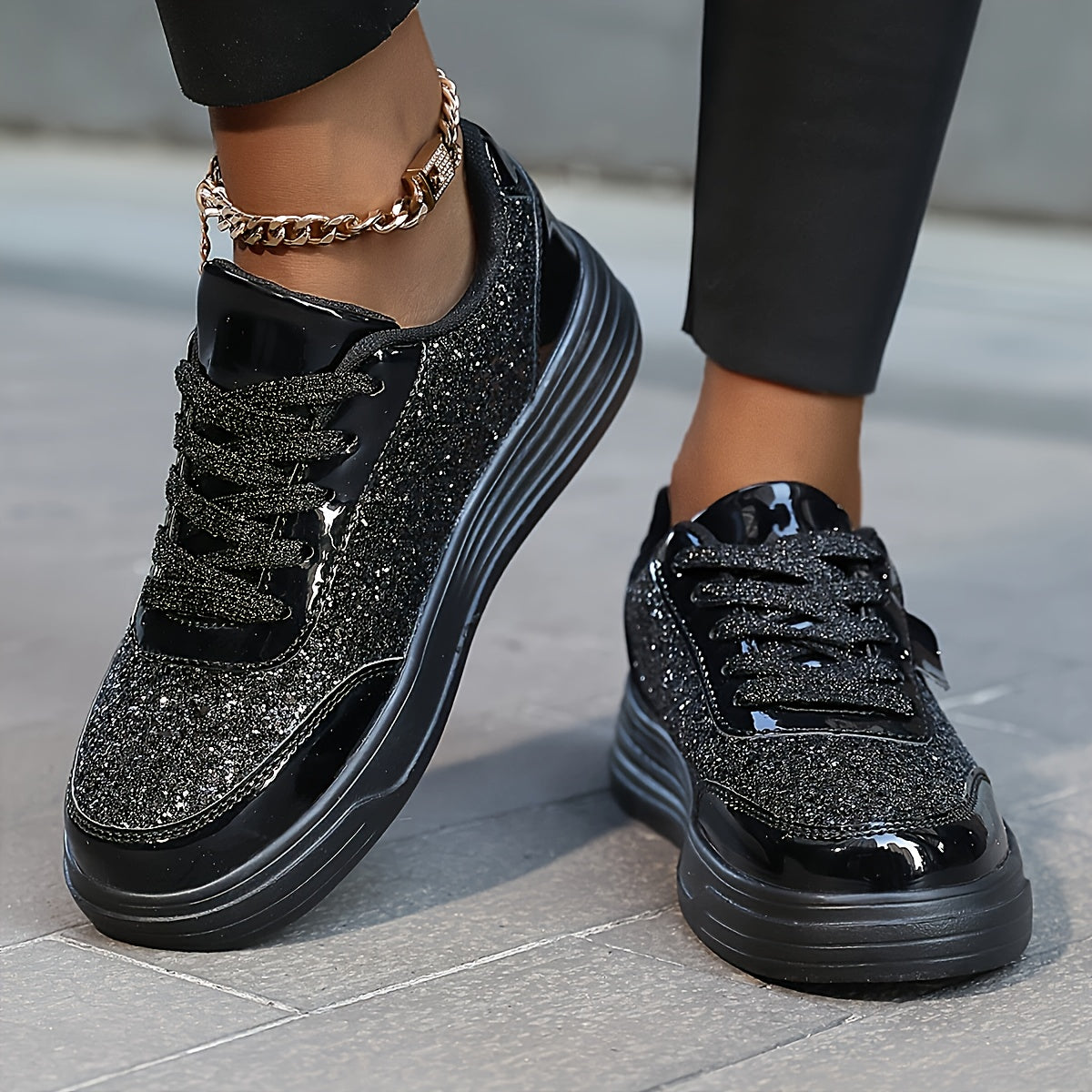 Zapatillas de glitter para mujer de caña baja con cordones, calzado deportivo casual