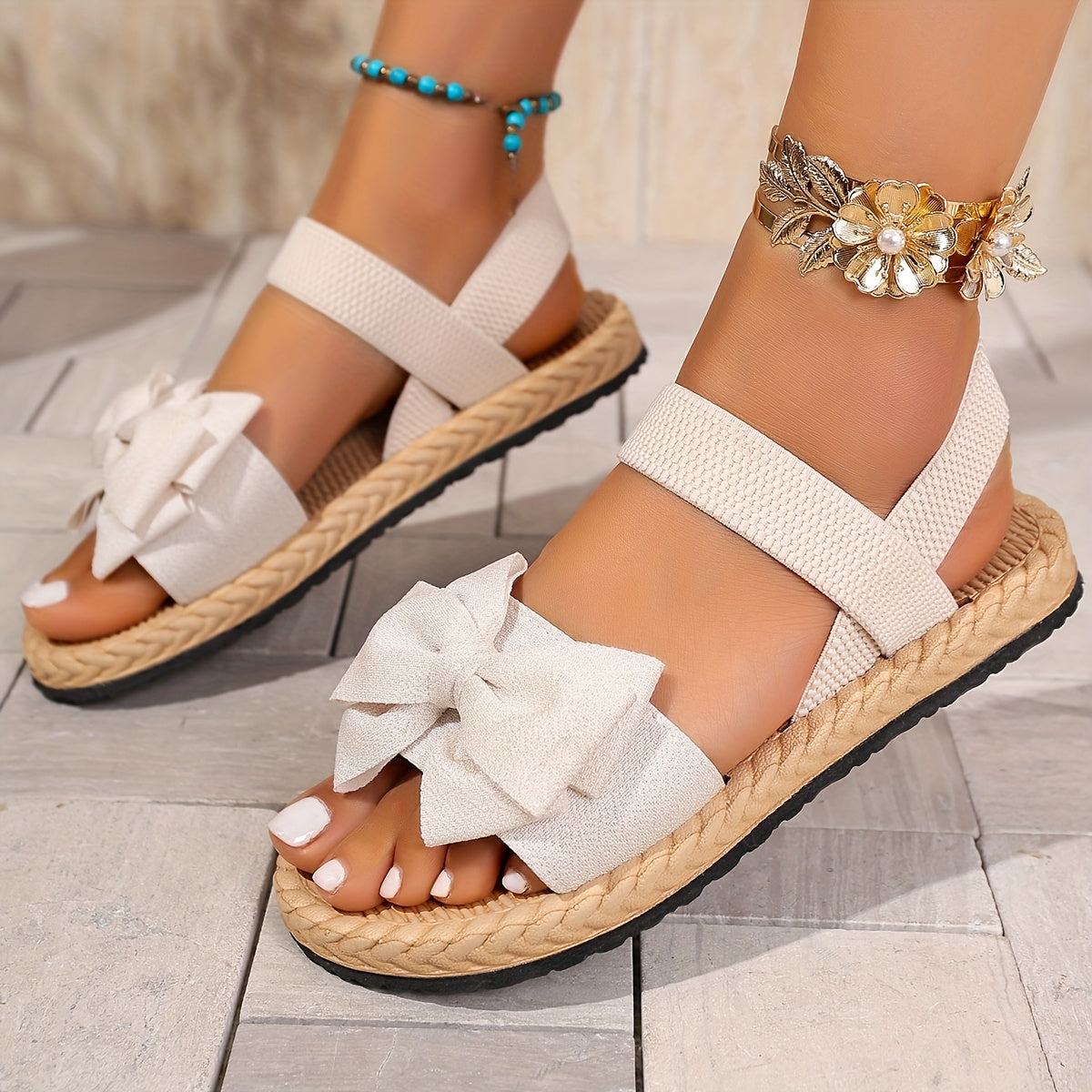 Women's Black Bow Slide Sandals, Rubber Sole, Comfortable Open-Toe