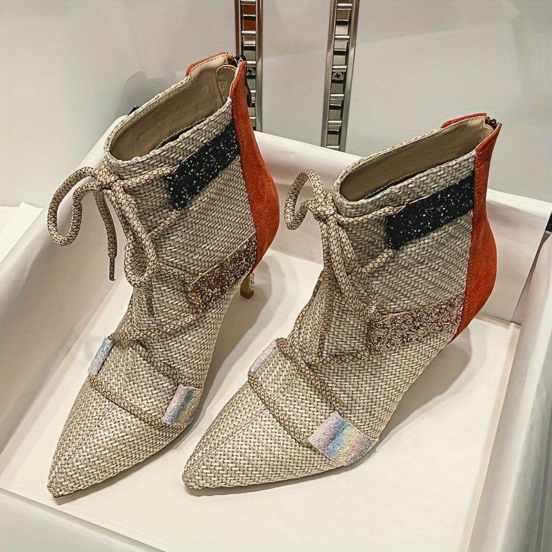 Женские ботинки на щиколотке с блестящими акцентами, полосатая ткань, каблуки-стилетто