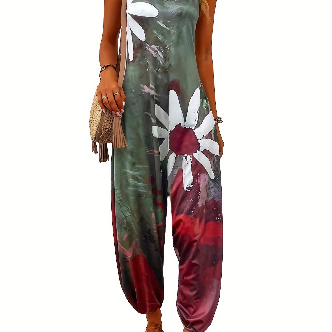 Plus Size Casual Floral Print V-Neck Jumpsuit for Women