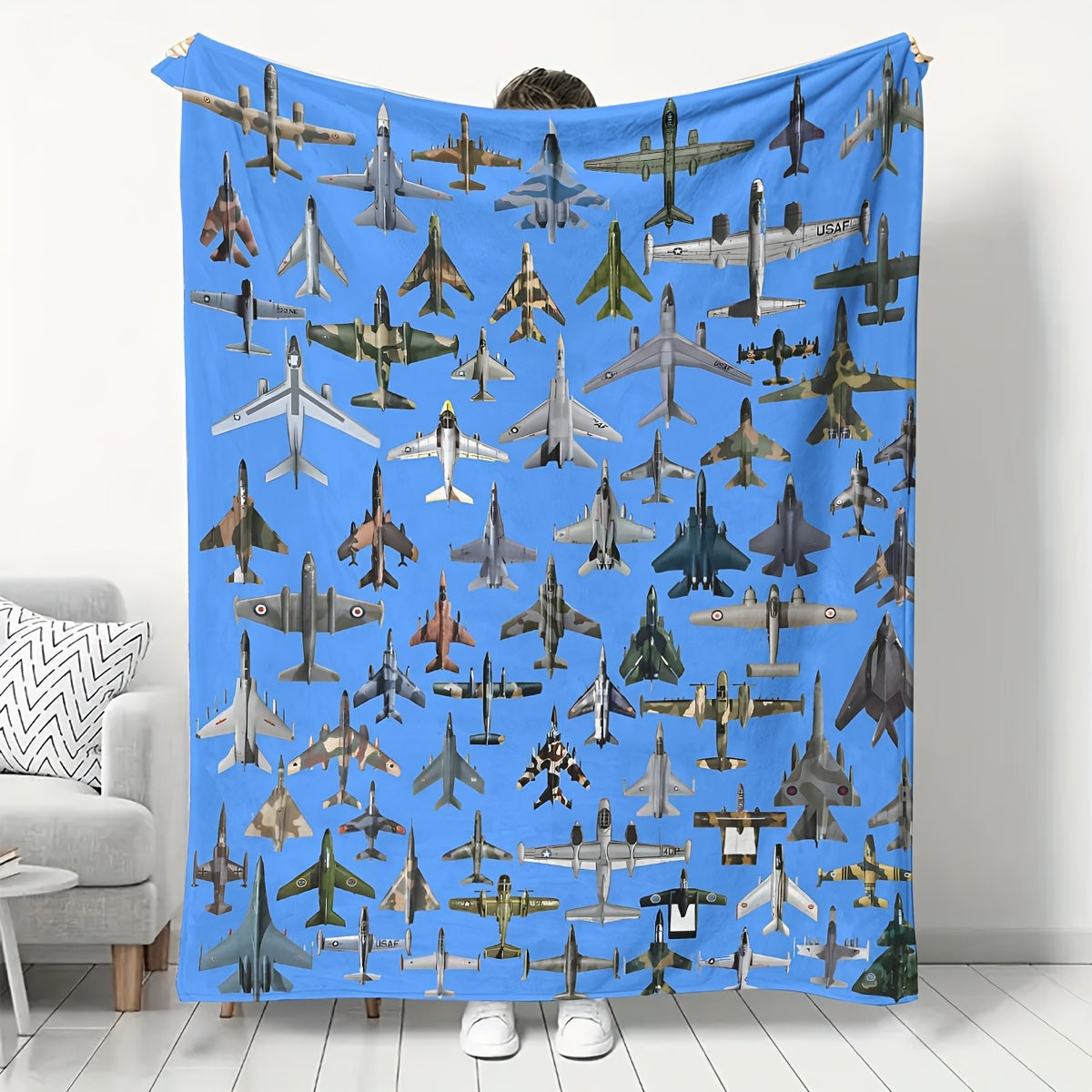 Fleece Throw Blanket with Military Jet Aircraft Pattern Hypoallergenic Stain-Resistant