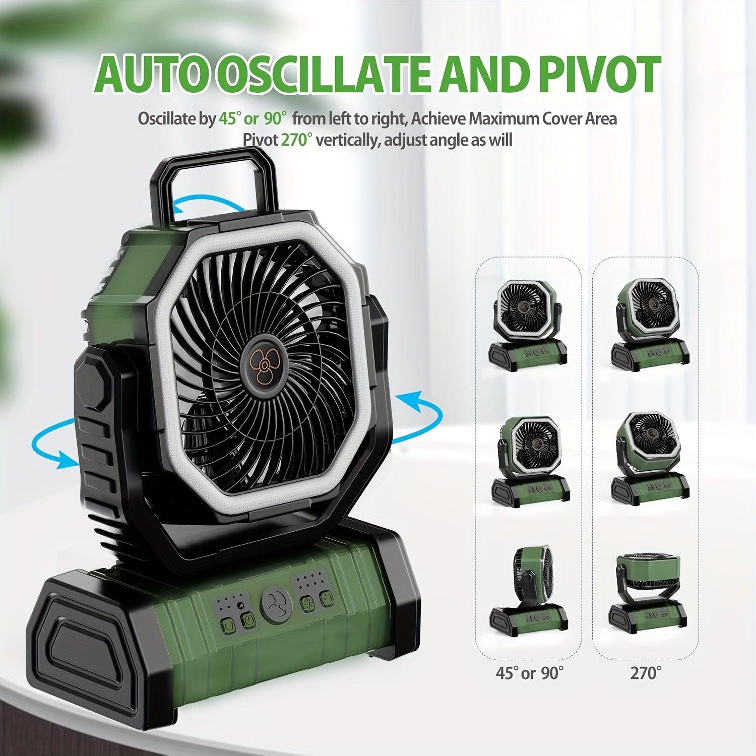 Cordless USB Fan with LED Lantern Green Rechargeable Lithium Battery Adjustable Oscillation Portable for Camping Bedroom Office