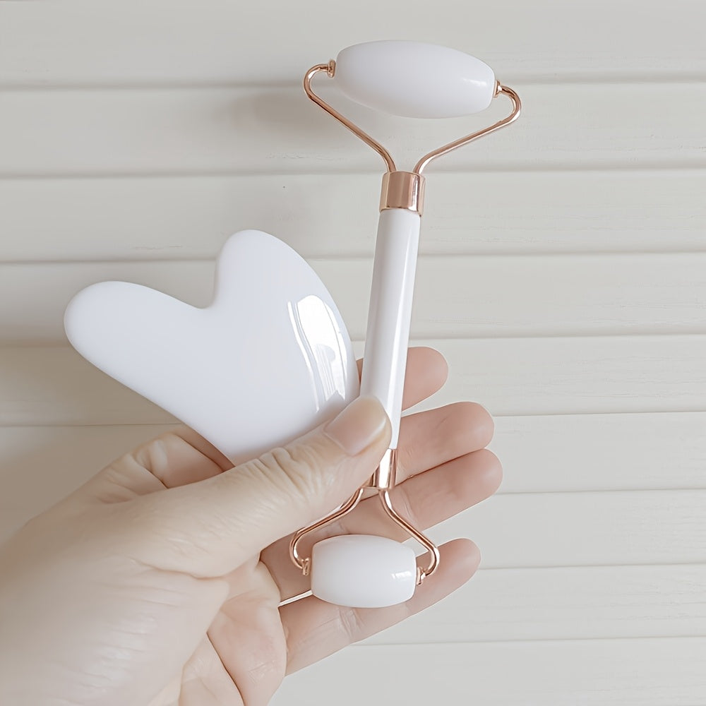 Heart-Shaped Stone Facial Massage Tool with Dual-Ended Gua Sha and Roller Fragrance-Free