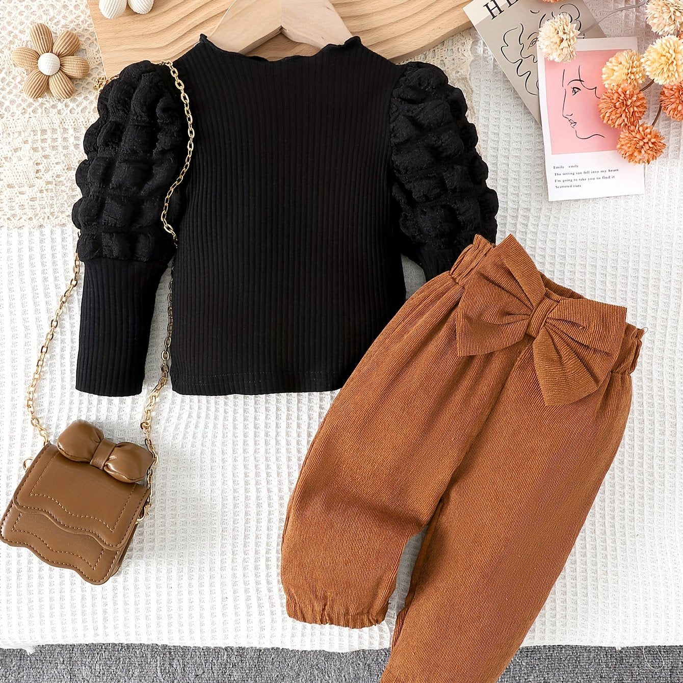 Весенний и осенний комплект для девочек-новорожденных: топ и штаны с длинными рукавами и бантом для прогулок на улице