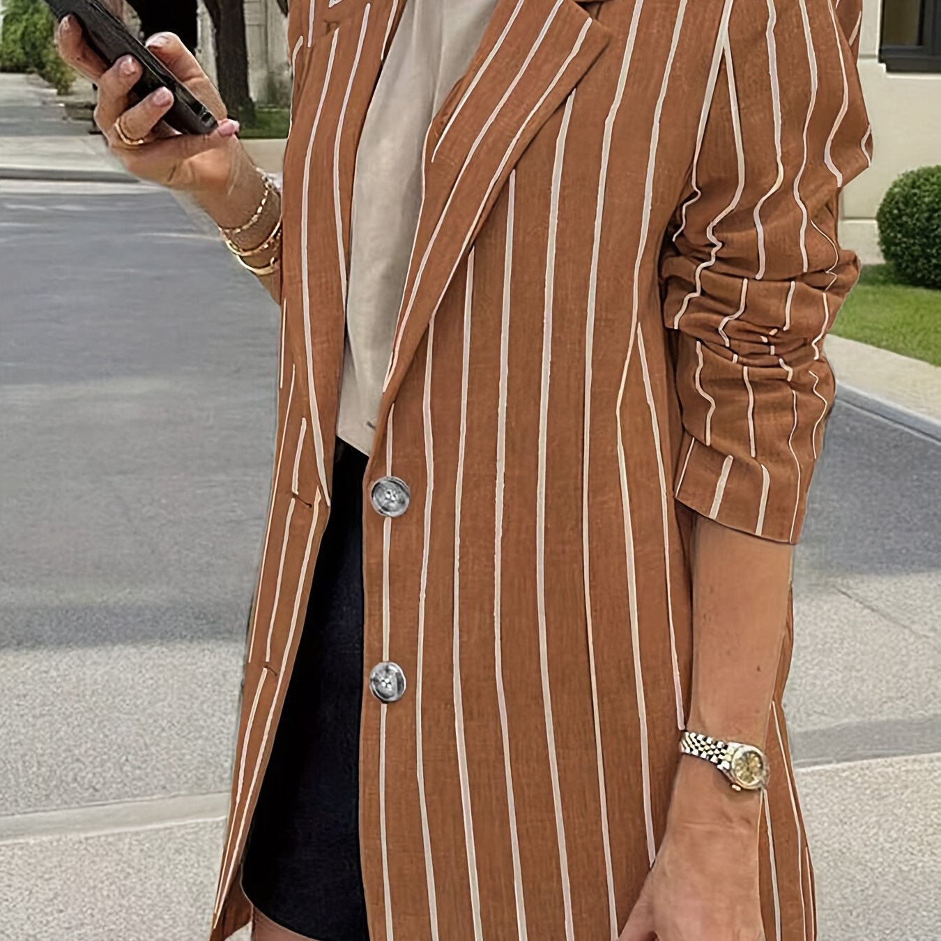 Women's Plus Size Striped Relaxed Suit Jacket for Work and Travel
