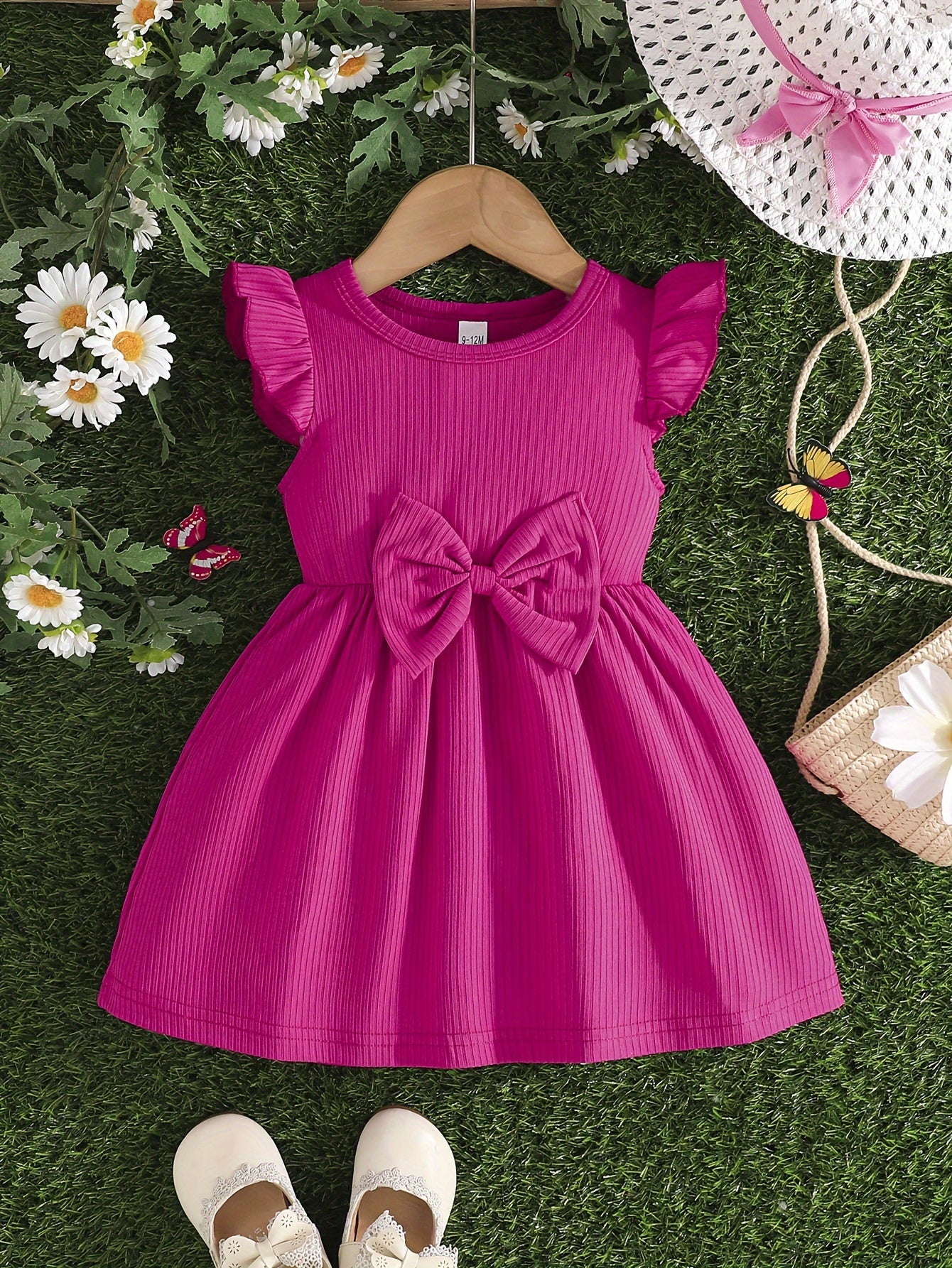 Girls Summer Dress Set with Bow, Heart Pattern, Polyester, 0-3 Years