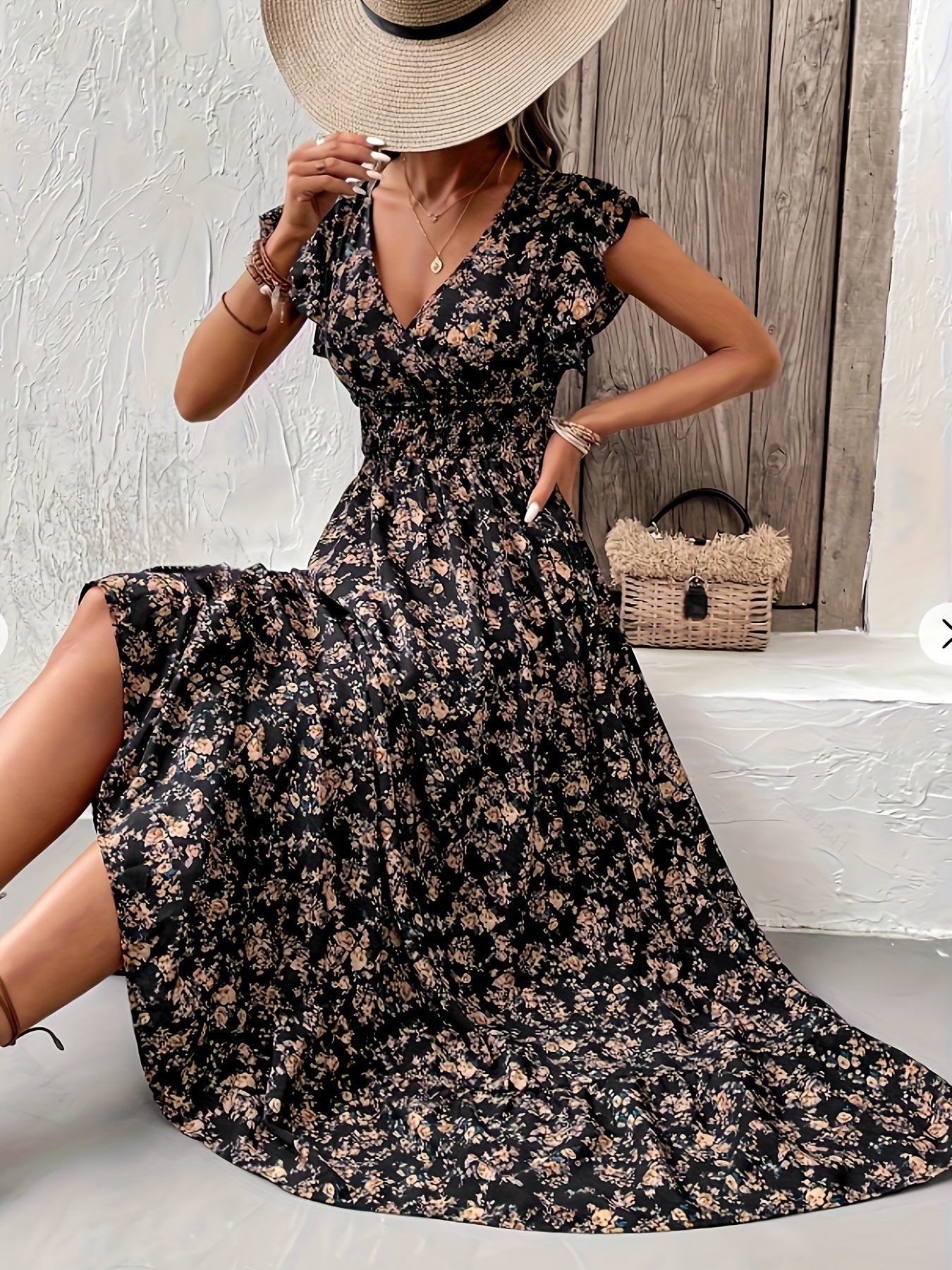 Women's Floral Print Shirred Waist Dress with Ruffle Sleeves for Spring and Summer Vacation
