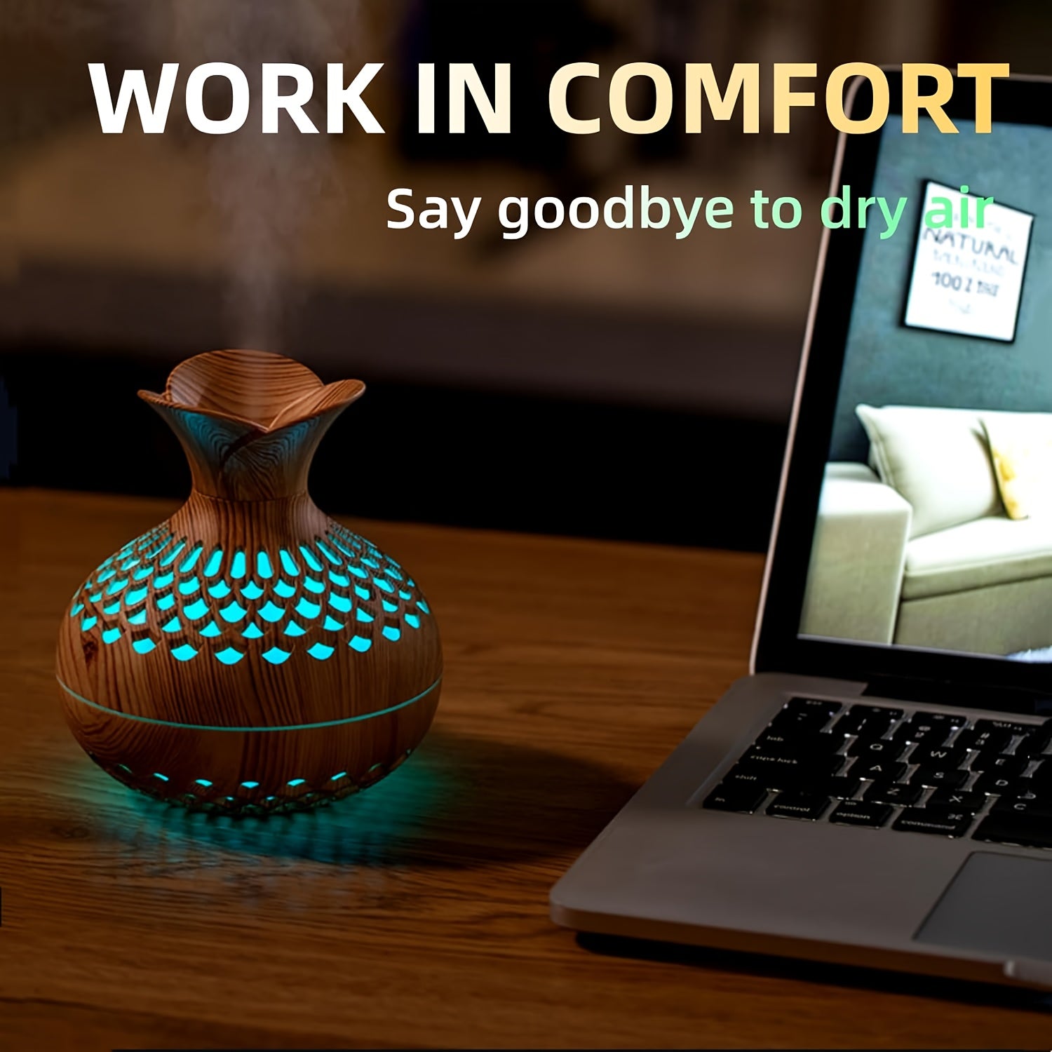 Wood Grain Cool Mist Humidifier USB Powered 10oz Air Quality Home Office Car