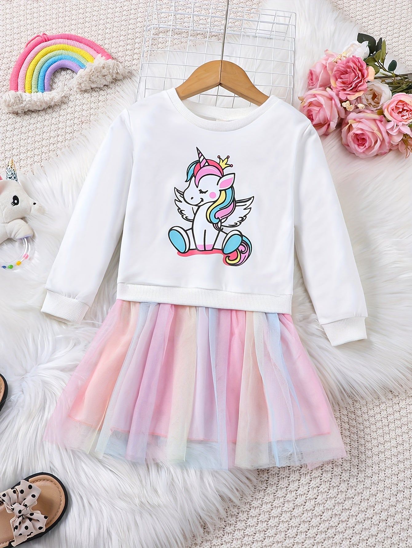 Girls Rainbow Tutu Dress with Unicorn Print Long Sleeve Midi Autumn Spring