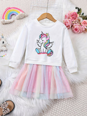 Girls Rainbow Tutu Dress with Unicorn Print Long Sleeve Midi Autumn Spring