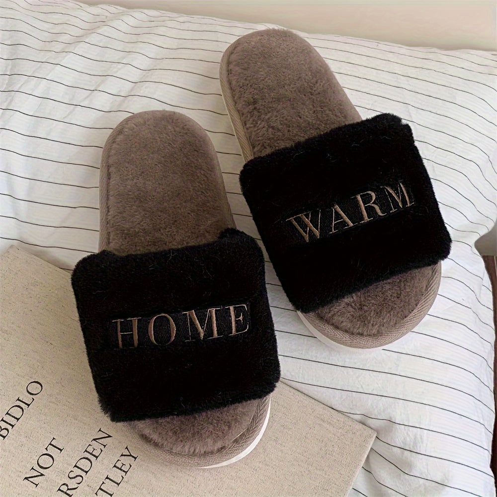 Women's Faux Fur Open-Toe Slippers for Living Room and Bedroom Warm Anti-Slip