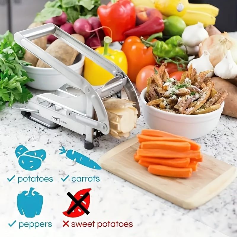 Stainless steel kartoshka kesgich, ikki pichoq bilan fransuz kartoshkasi bo‘laklariga bo‘lish uchun, barqarorlik uchun yopishmaydigan suv o'tkazmaydigan yopishqoq qopqoq bilan. Havo fritözlari bilan mos keladi va sabzavotlar uchun ham ishlatilishi mumkin.