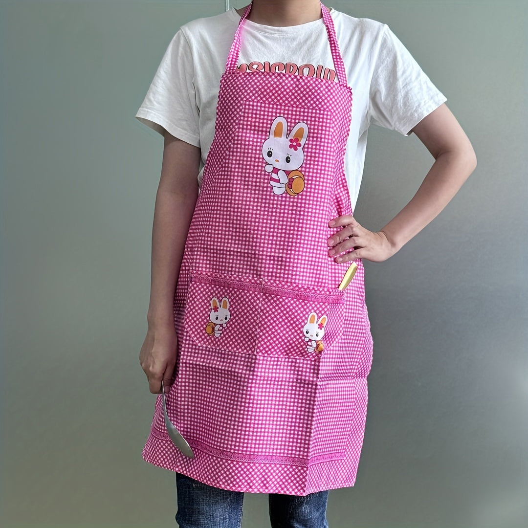 Blue and White Checkered Apron with Rabbit Design, Oil & Dirt Resistant Polyester, Lightweight for Cooking Gardening and Baking
