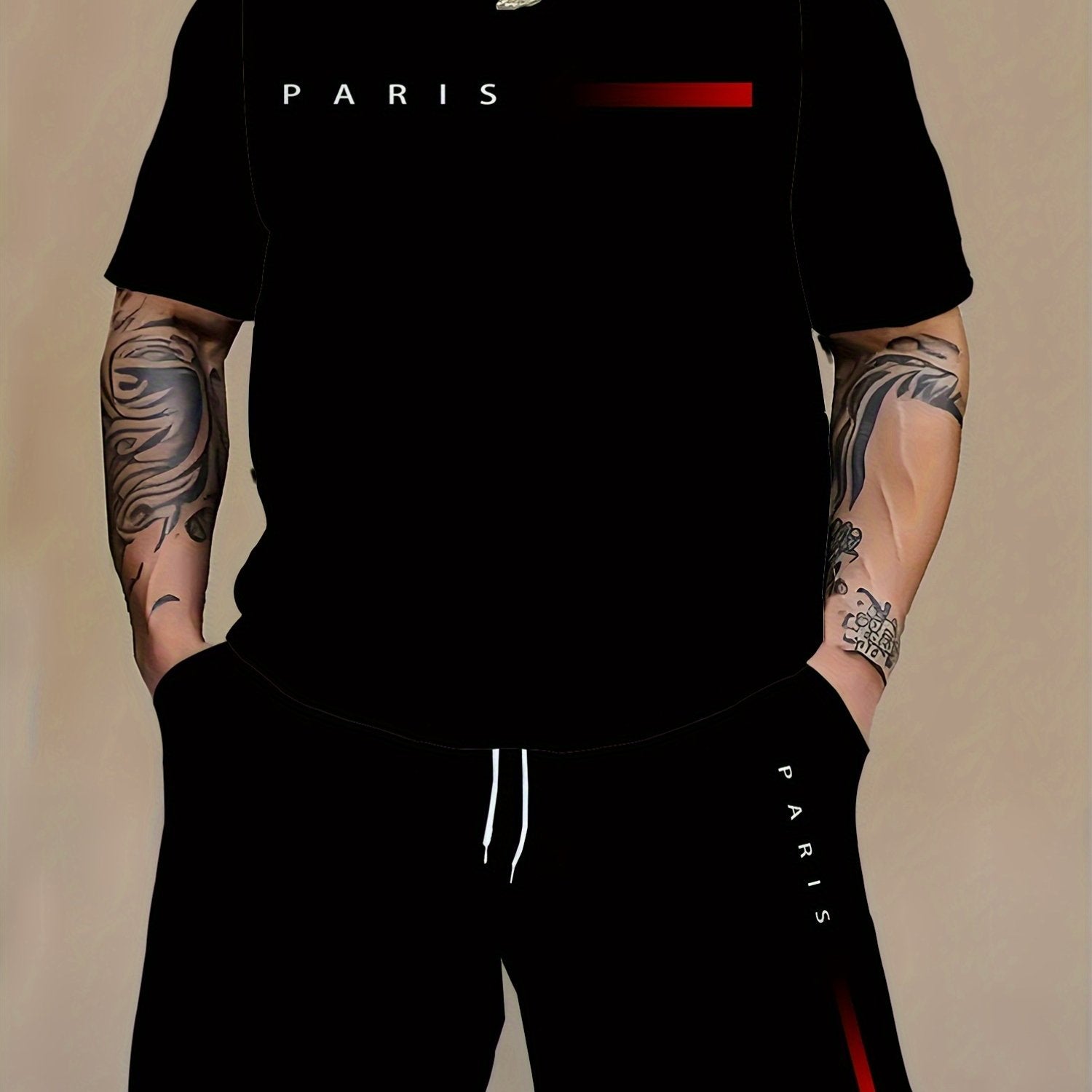 Men's Polyester Knit Tracksuit Set with Graphic Print and Pocket Details