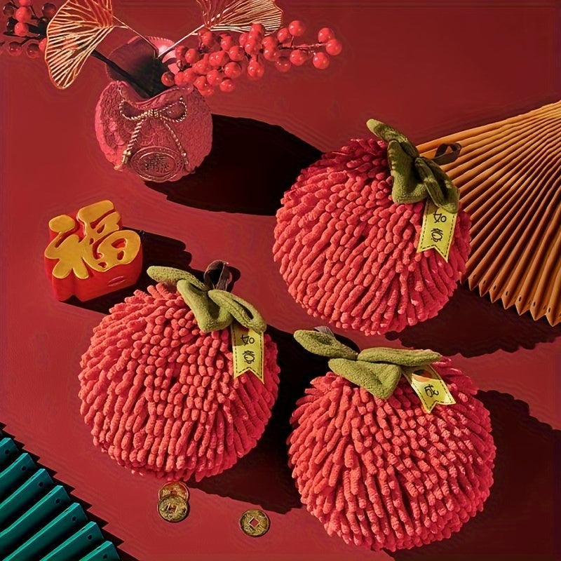 Persimmon-Shaped Chenille Towel Ultra-Soft Absorbent 3500gsm Decorative Green Ribbon Gold Coin