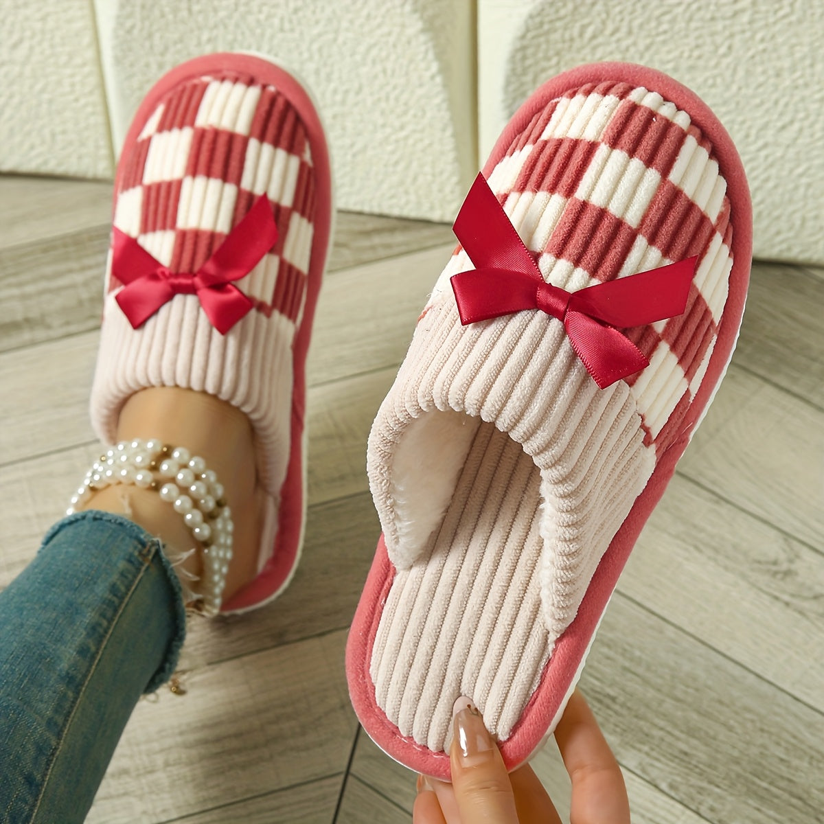 Unisex Checkered Knit Slip-On Slippers with Bow Indoor Comfort